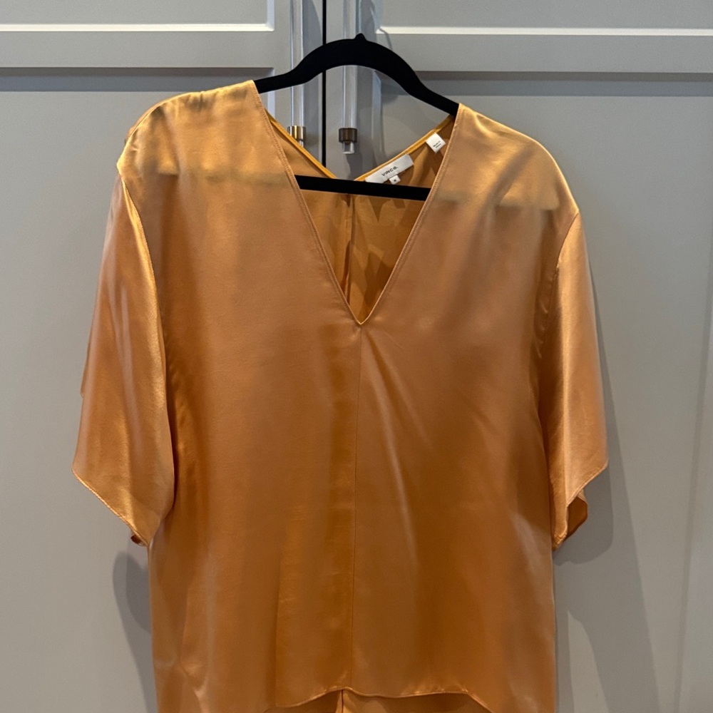 Vince Elegant Satin V-Neck Top in Gold